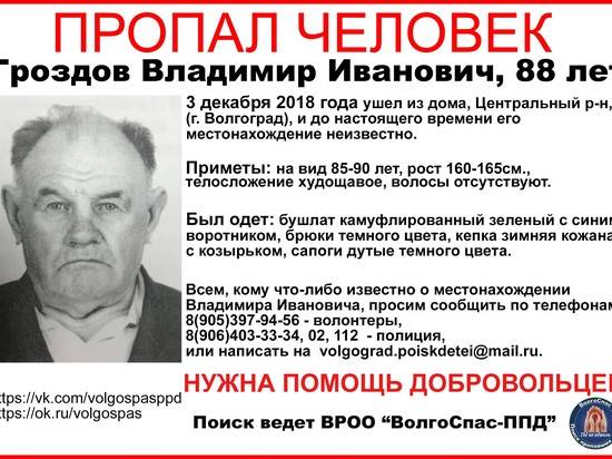 В Волгограде разыскивают 88-летнего лысого мужчину
