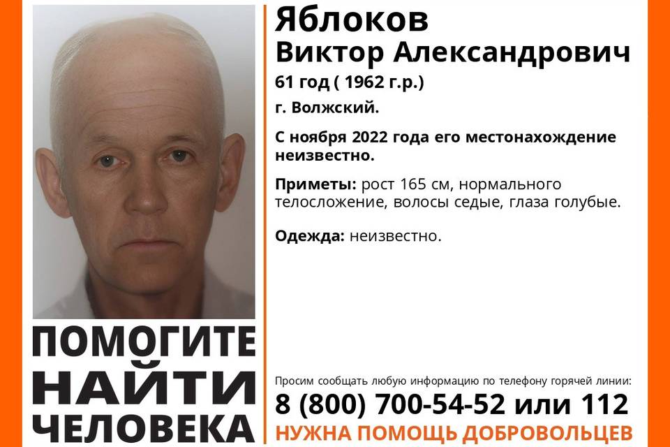 В Волгоградской области полгода ищут 61-летнего Виктора Яблокова