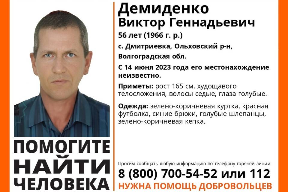 В Волгоградской области больше месяца ищут 56-летнего Виктора Демиденко