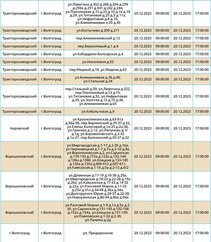 В Волгограде обесточат четыре района 20 декабря