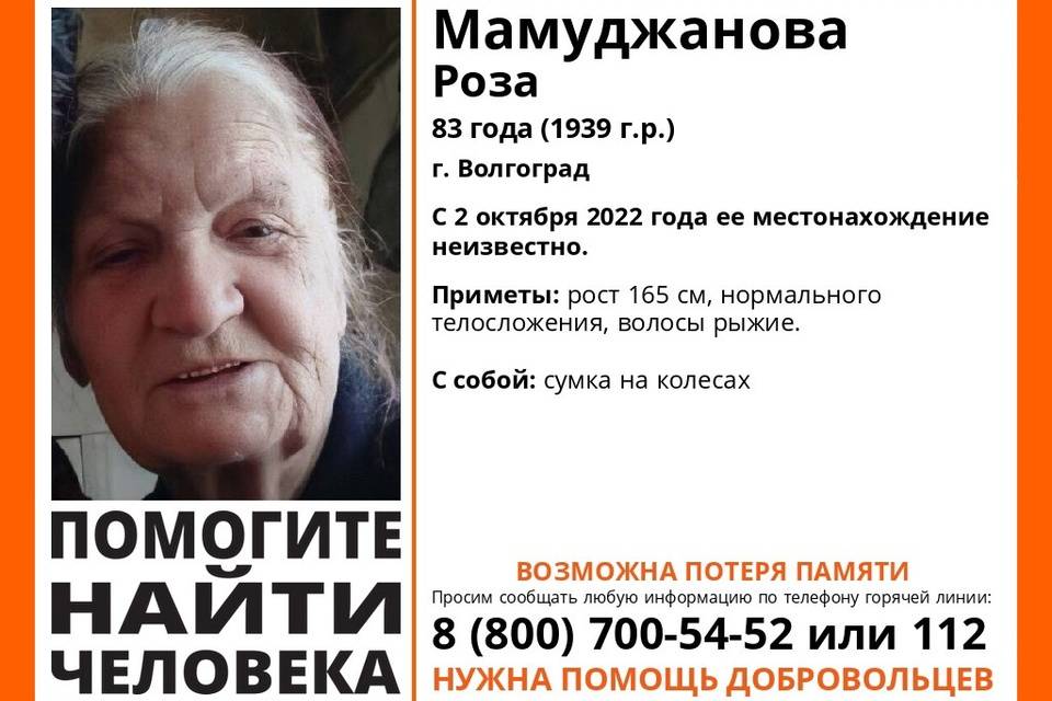 В Волгограде ищут пропавшую 83-летнюю Розу Мамуджанову с сумкой на колесах