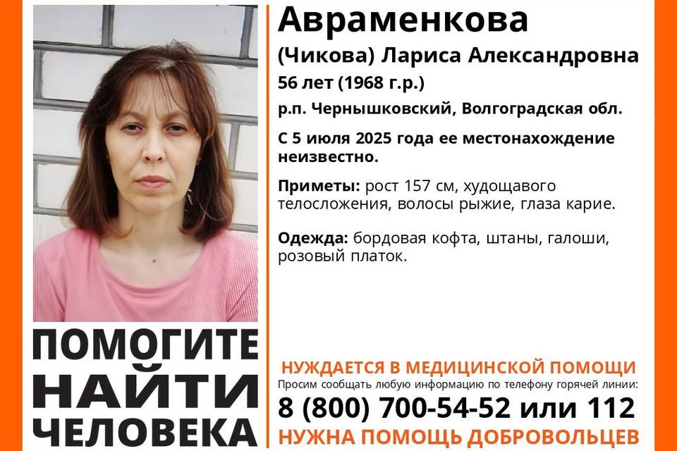 Под Волгоградом пропала кареглазая Лариса Авраменкова