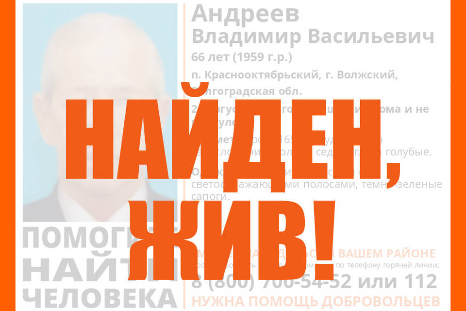 Найден живым 66-летний Владимир Андреев, пропавший под Волгоградом