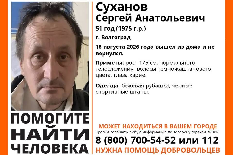 В Волгограде дольше месяца ищут 51-летнего мужчину